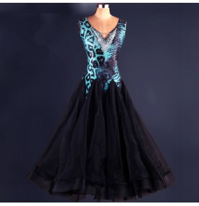 Turquoise leopard black patchwork v neck sleeveless women's ladies female  long length full skirted competition performance ballroom tango waltz dance dresses